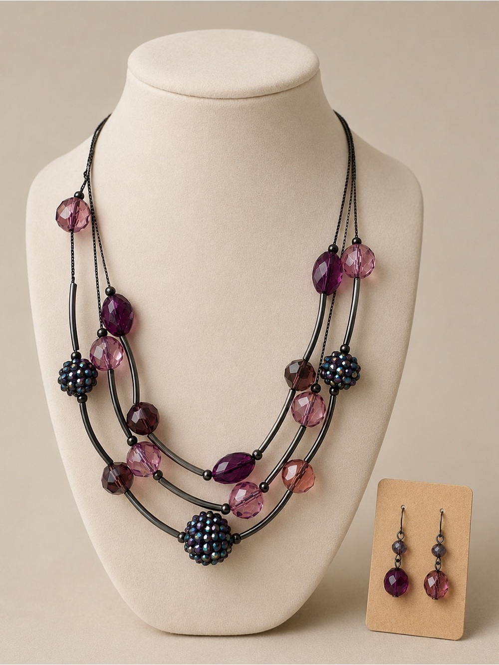 Purple Pink Multi Strand Beaded Statement Necklace & Earrings Set